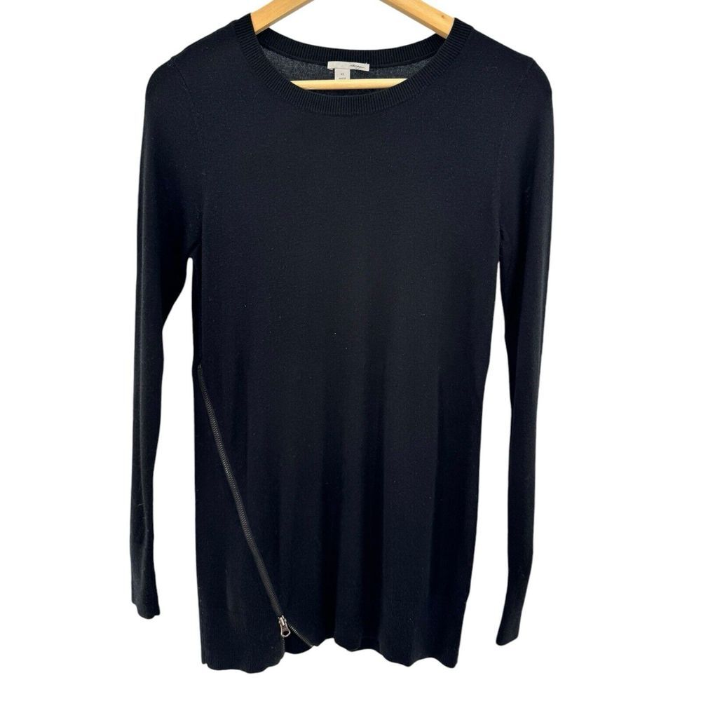 Halogen Cashmere Blend Sweater Women's‎ XS Black Long Sleeve Round Neck Side Zip